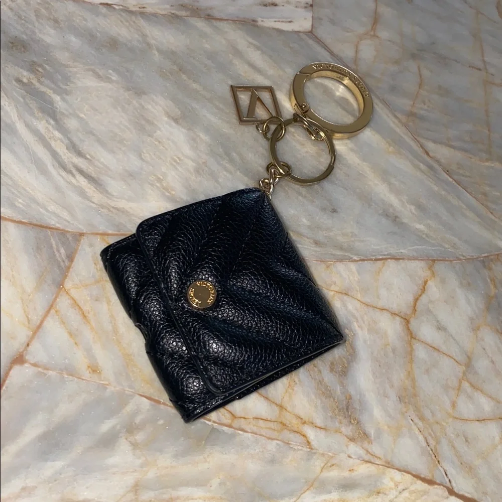 Victorias Secret Black Quilted Mini Pouch Keychain Gold V Logo Charm Case